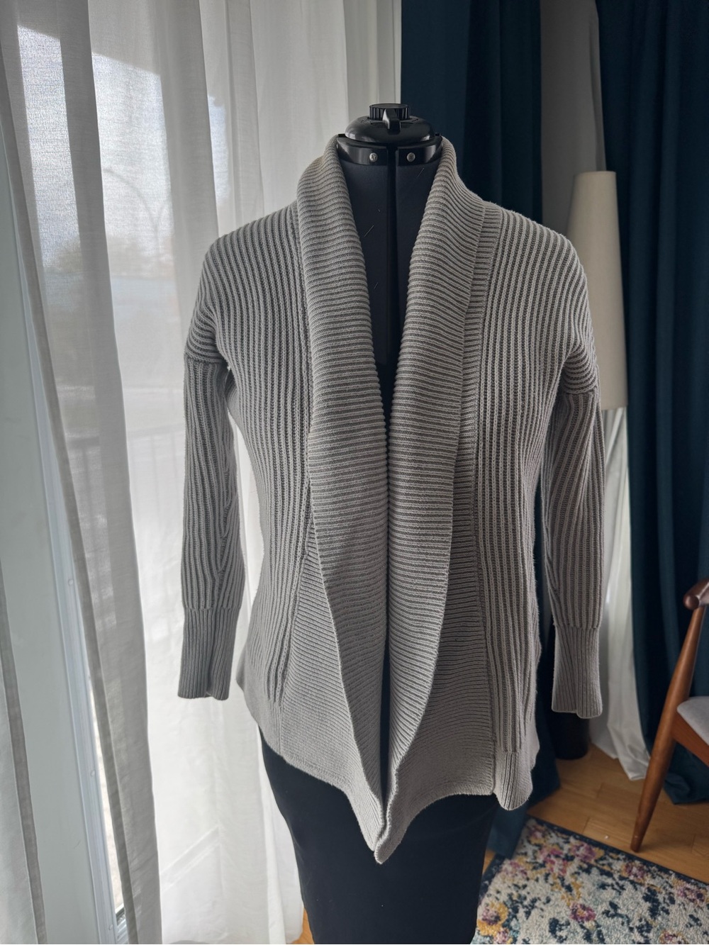 Tahari Gray Ribbed Open-Front Shawl Collar Cardigan